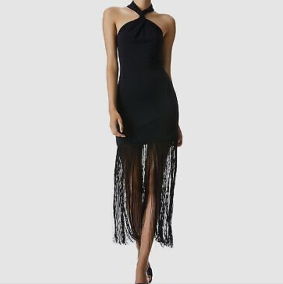 Alice + Olivia Steph Fringe Bottom Twist Front Halter Gown Evening Dress - Picture 3 of 13